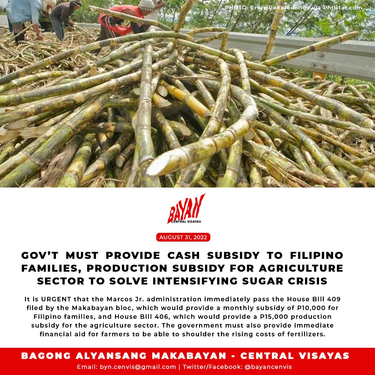 BayanCenvis's tweet photo. Gov’t must provide cash subsidy to Filipino families, production subsidy for agriculture sector to solve intensifying sugar crisis —BAYAN Central Visayas

Read our full statement here: https://t.co/MfFGgWcr7f https://t.co/V2VvLc02d3