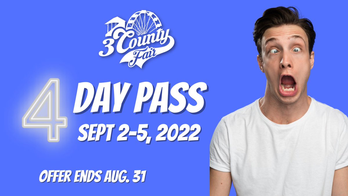 ThreeCountyFair's tweet photo. Last chance to get a 4 Day Pass to the 2022 @ThreeCountyFair  4 single day G.A. Adult tickets at the Gate will cost $60.  Now until midnight tomorrow, you can still get 4 day passes for only $30. exclusively on our website, https://t.co/KSAhERAVAi  Hurry before they are gone! https://t.co/MzM1whCLi1