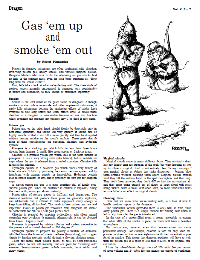 CalstaffTheGold's tweet photo. In Dragon #45 (Jan/81), Robert Plamondon gives us some rules to help adjudicate situations involving smoke, poison gas, &amp; magical clouds.
#1e #ADnD #VariantRules https://t.co/kzvtFKPyKB
