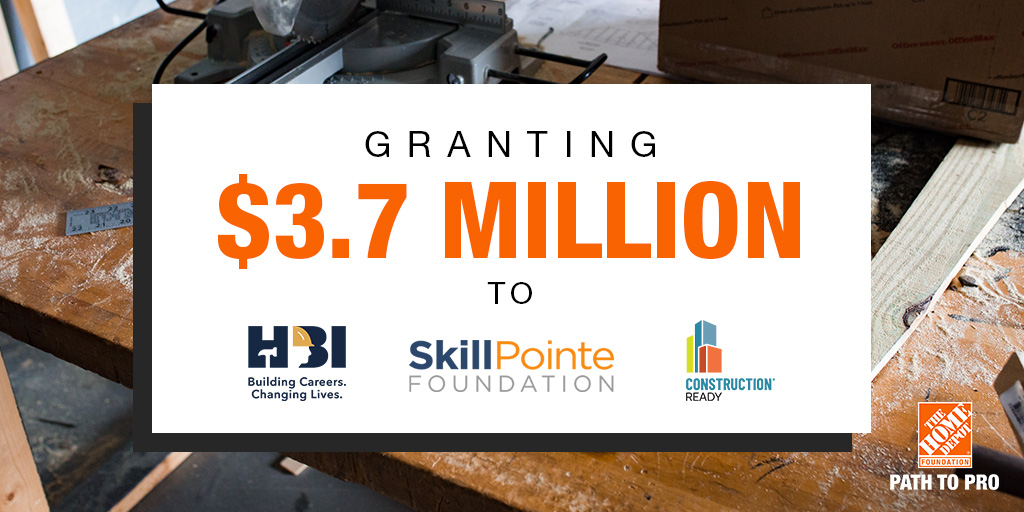 HomeDepotFound's tweet photo. To continue this work, we are granting an additional $3.7 million to industry-leading partners, @HBIBuildCareers, @ConstrucReady and @SkillpointeF to support the growth of youth programming, the development of an additional academy program and add $300,000 in scholarships. https://t.co/vNR4fZbV6X