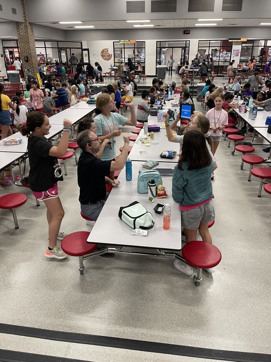 Gotta love an AP @GOATBorenstein that joins in the fun of “Heads Up” with the 6th graders at lunch!! #broncosignite