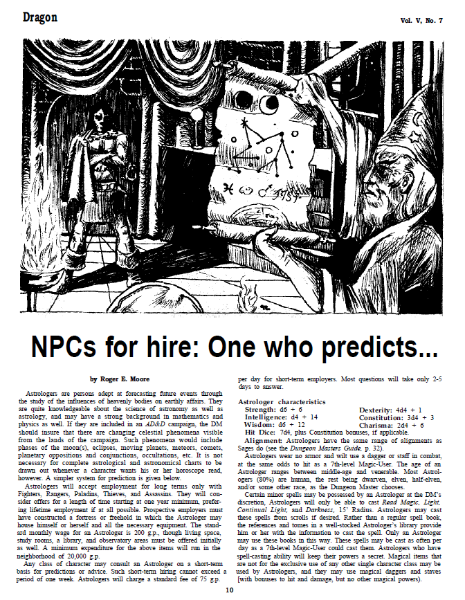 CalstaffTheGold's tweet photo. In Dragon #45 (Jan/81), Roger E. Moore &amp; Georgia Moore gives us rules governing two NPC classes: the Astrologer and the Alchemist.
#1e #ADnD #VariantRules https://t.co/ptjhpS7xtU