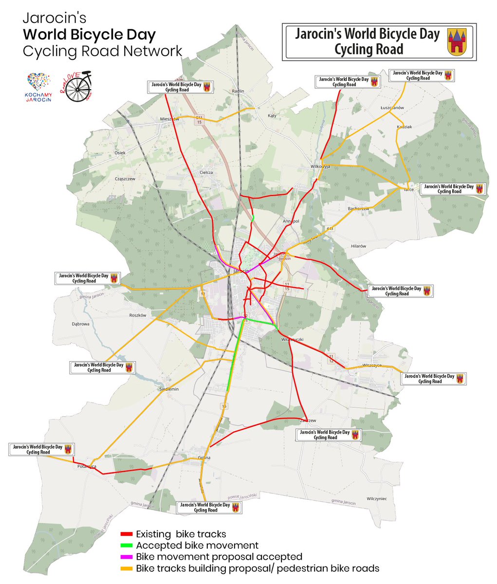 📢 More great 🚲 news from Jarocin in 🇵🇱! After establishing the #WorldBicycleDay Avenue &amp; 🚲 Trail, two civil society organizations, Kochamy Jarocin &amp; RoweLOVE, initiated a new bold concept to create Jarocin's #WorldBicycleDay Cycling Road Network for the entire community! 👏 👏