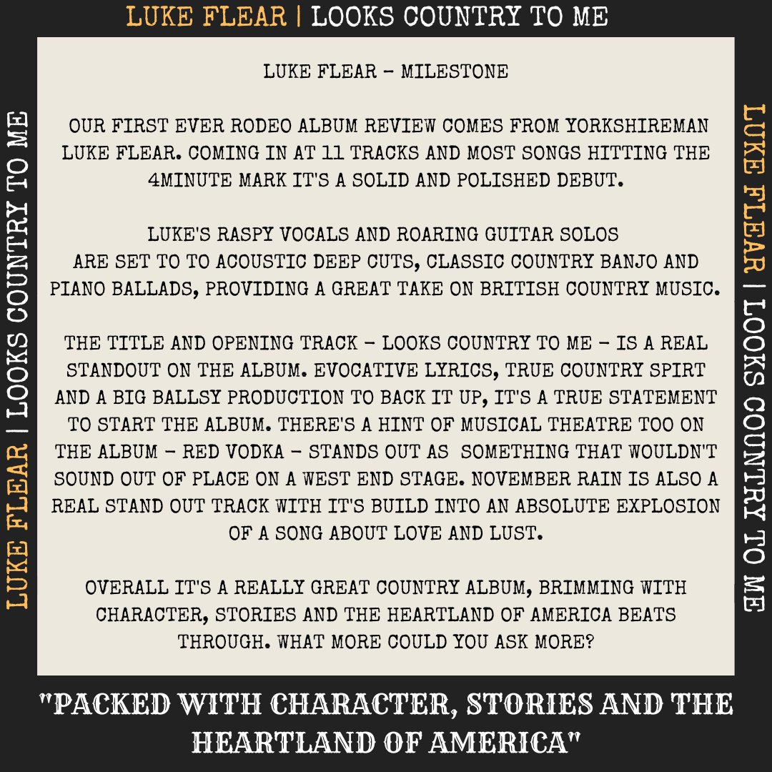 🌵 RODEO REVIEW🌵 @luke_flear - Looks Country to Me Review ⬇️⬇️⬇️ 'Packed with character, stories and the heartland of america' Listen➡️songwhip.com/lukeflear/look… ⬅️ @ScarletRiverPR