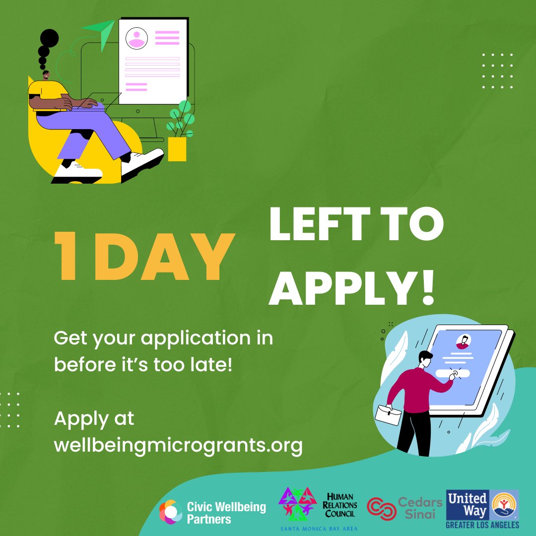 CityofWellbeing's tweet photo. Tomorrow is the last day to apply for our Wellbeing Microgrant Program!
Tell a friend or apply yourself at the link in our bio or https://t.co/Opm6UBn5PY๐
#welbeinginaction #community #leaders #apply #lastday https://t.co/E6o0TMC6pl