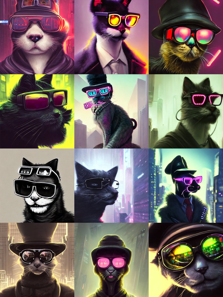 Jochy01's tweet photo. #stablediffusion PROMPT:  portrait of furry detecive in the neon noir cyberpunk city furry anthropomorphic cute cat, cat in glasses and with cigare, in black hat, epic portrait illustration, darek zabrocki, noah brad https://t.co/2Qvk4Wip7o