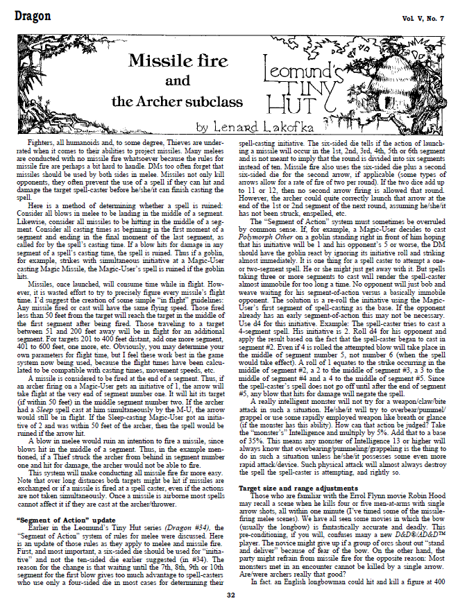 CalstaffTheGold's tweet photo. In Dragon #45 (Jan/81), Len Lakofka gives us his homebrew rules concerning missile fire and a new sub-class: the Archer, in this month's installment of "Leomund's Tiny Hut".
#1e #ADnD #VariantRules 
(1/2) https://t.co/87mnZqKztj
