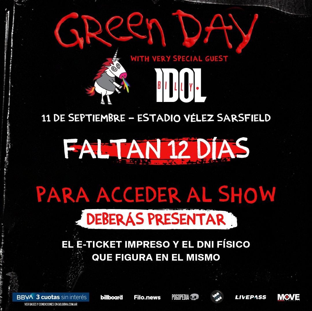 📆 ¡Faltan 12 días para la llegada de @greenday a Argentina!

👉🏻 ¡Recordá que para acceder al show deberás traer tu ticket impreso y el DNI que figura en el mismo!