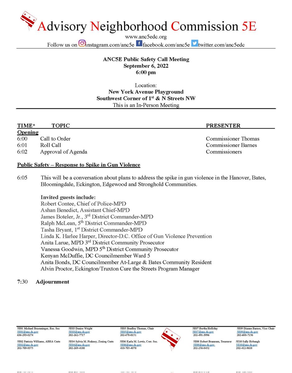 ANC5E Public Safety Call Meeting
September 6, 2022
6 pm
New York Avenue Playground 
Southwest Corner of First &amp; N Streets NW
#ANC5E #CallMeeting #Agenda #Sept6 #2022 #ANC5E