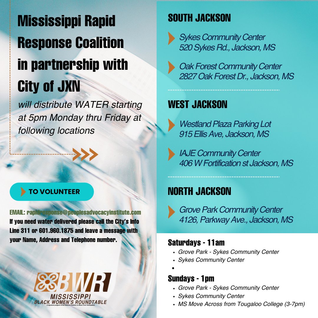 MS_BWR's tweet image. Mississippi Rapid Response Coalition in partnership with City of JXN will distribute water starting at 5pm Monday thru Friday at the above locations. Cassandra Welchin, Executive Director of the MSBWR will be discussing the impact of the water crisis on community in Jackson, M...