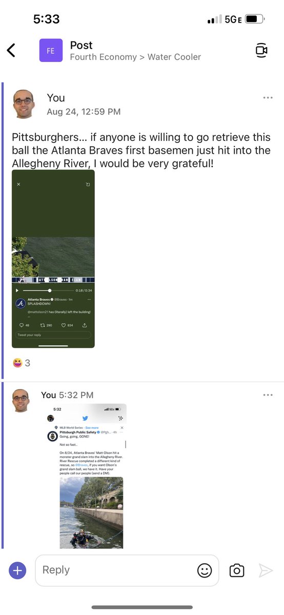 RossCBerlin's tweet photo. @PghPublicSafety @Braves I work remotely for a company based in Pittsburgh, ATL native. Was watching the home run live and posted this in my office’s message channel. I think I am destined to have that ball! https://t.co/DZxL4ytklh