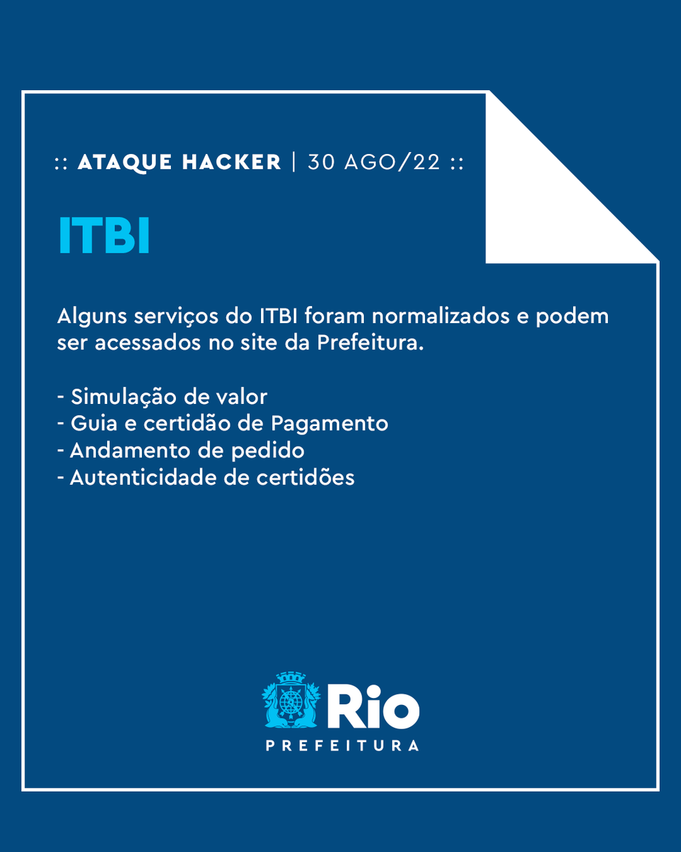 Prefeitura_Rio's tweet photo. Hoje, 30/08, foram restabelecidos alguns serviços de ITBI no site da Prefeitura.
A Certidão de Situação Fiscal e Enfitêutica já pode ser emitida presencialmente. Os cariocas podem procurar a nossa sede, na Rua Afonso Cavalcanti, 455, na Cidade Nova (prédio anexo), das 9h ��s 16h. https://t.co/qwiJHqScOP