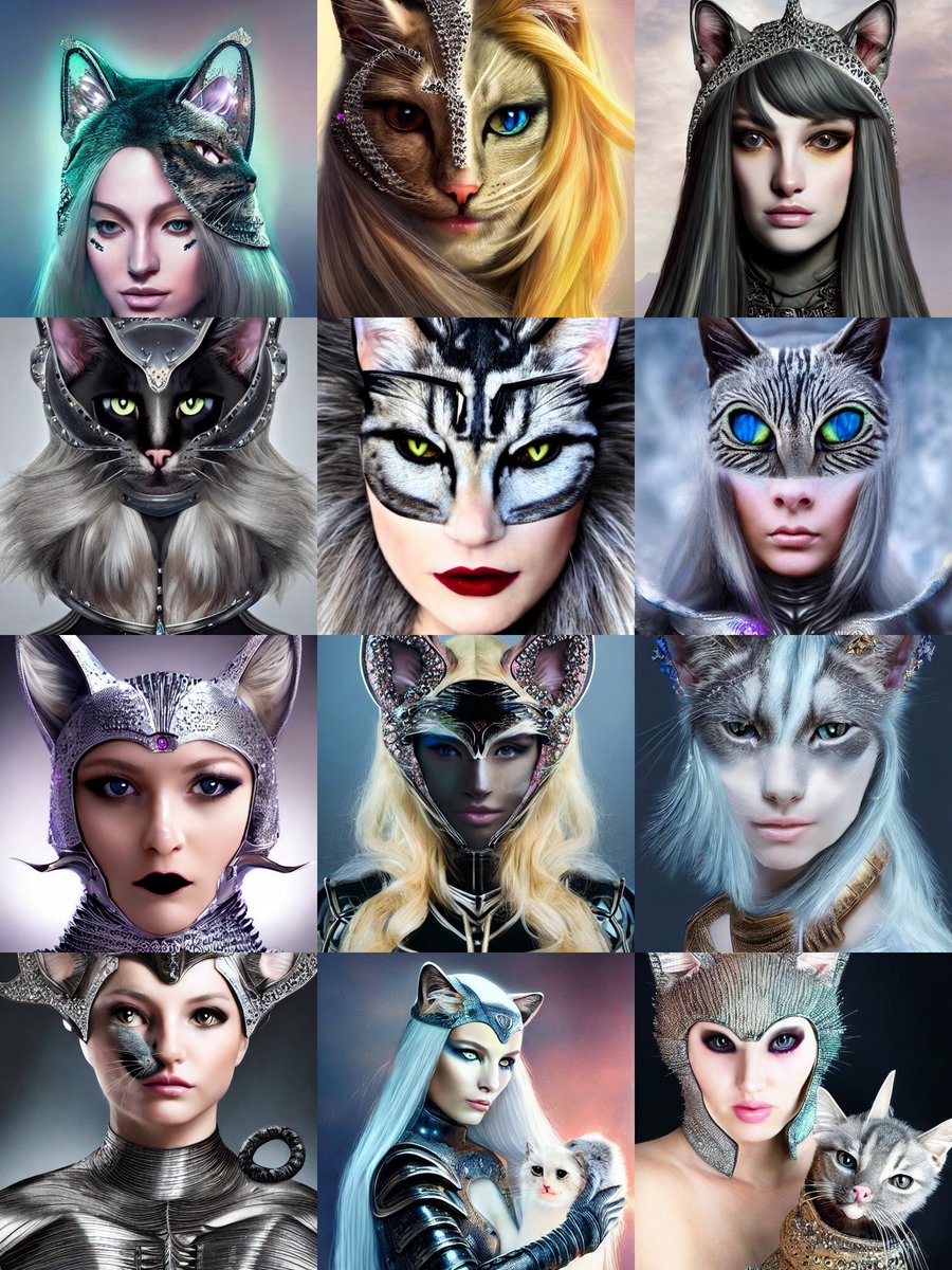 Jochy01's tweet photo. #stablediffusion PROMPT: half face pretty woman half cat face trending on artstation digital art knight wearing a real cat on her head, armor designed by wayne barlowe, swarovski and tiffany, blonde hair, symmetry, sci - fi, cinematic, elegant, luxury, perfect light, perfect comp https://t.co/OuiFy86jxh