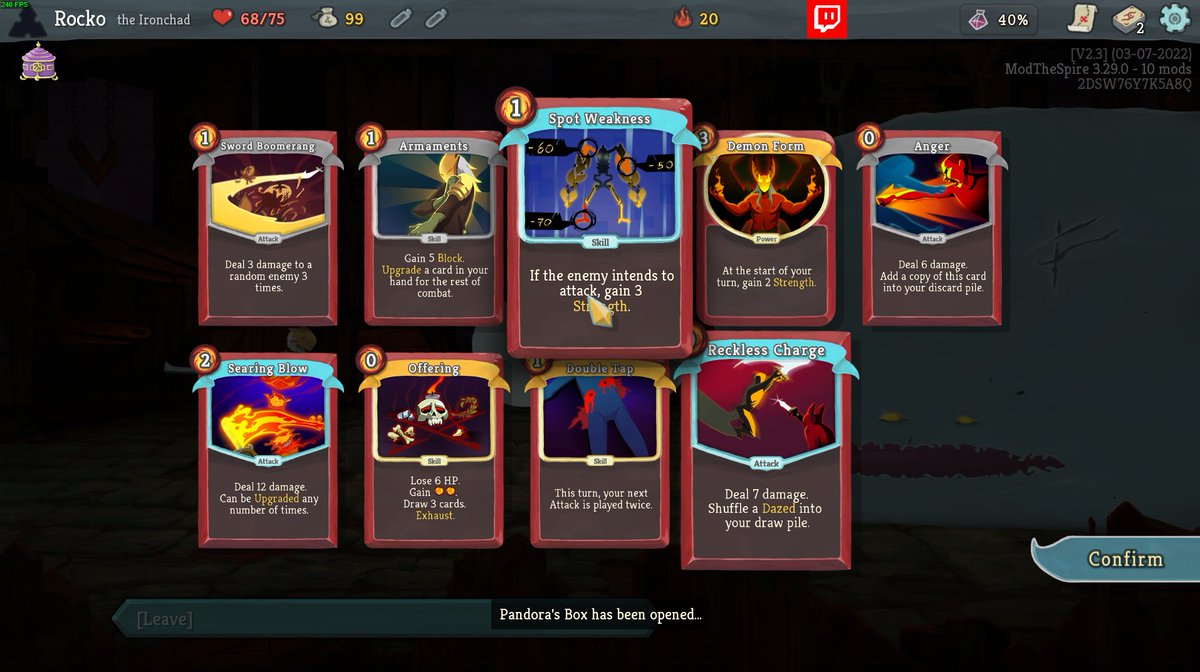 RockoGames's tweet photo. The first run after watching @TheFrostPrime 's A23 run and look what I get as a boss relic swap!!

WHAT IS THIS DECK https://t.co/kTZTDm0Q29
