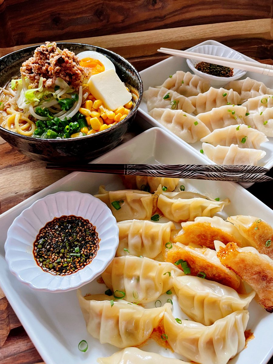 🥟Yaki-Gyoza(Japanese Fried Dumplings) 🥟Sui-Gyoza(Boiled Dumplings) with Homemade gyoza wrappers. 🍜Spicy Miso Ramen🍜 @NGB2020