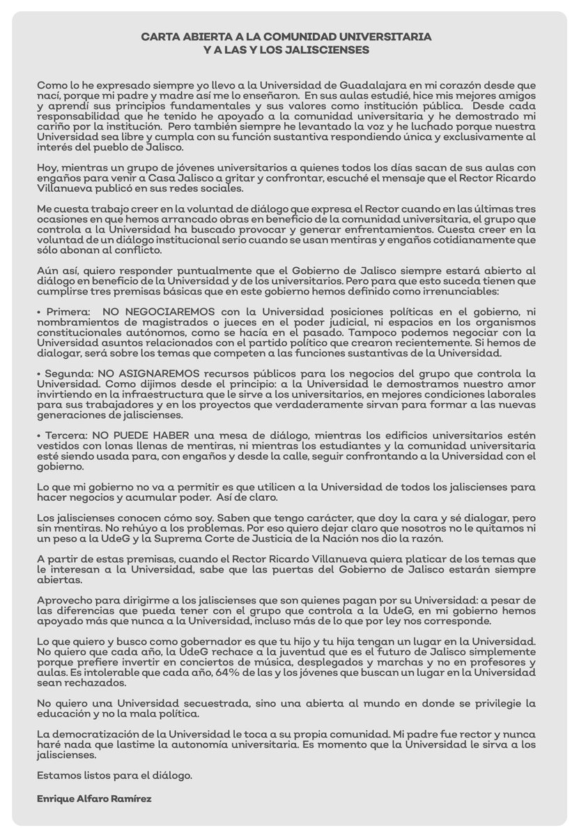 EnriqueAlfaroR's tweet photo. Carta abierta a la comunidad universitaria y a las y los jaliscienses. https://t.co/lvSbo0Ysto