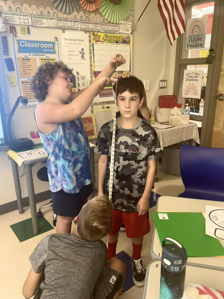 ONeill5thGrade's tweet photo. Having some fun answering #math questions about ourselves.  How tall are you in inches?  Loved how they all helped each other with the measuring!  Great #teamwork fifth grade!  @NeidigElem @QCEAed #qcsd #neidig #synergy https://t.co/0uYcBIlXNu