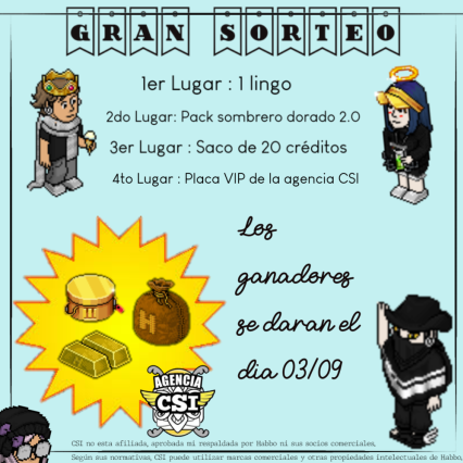 habboagenciacsi's tweet photo. 📢SORTEOOO📢
RT, ❤️, SIGUENOS, Tomate una foto en nuestra entrada y súbela comentando a un amigo! Ganador 03/09
1° 1 lingote
2° Pack Sombrero Dorado V.2
3° Saco 20c
4° Placa VIP de CSI.
¡Te esperamos! 😎🥳
https://t.co/HrFWi4Pf4b https://t.co/qG1JFSbiVS