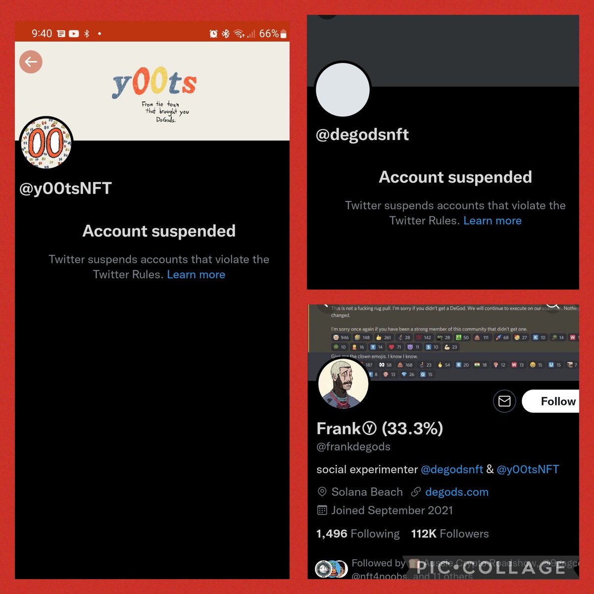 Whats is going on? <a href="/y00tsNFT/">y00ts</a> and <a href="/DeGodsNFTS/">DeGods</a> twitter account have been suspended overnight but <a href="/frankdegods/">Frank</a> still active, they are huge @nft projects, what do you know about it? I hope my application for y00ts still valid