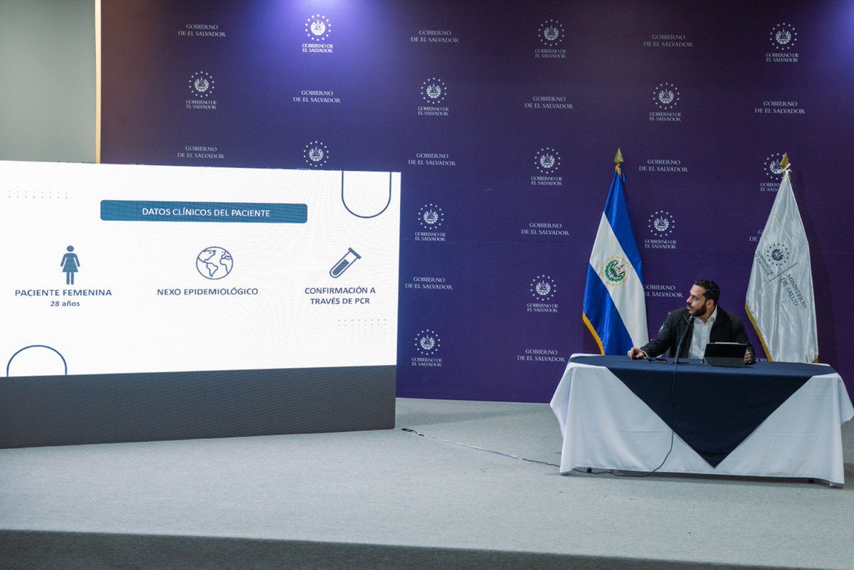 SaludSV's tweet photo. "Se anuncia el primer caso de viruela símica en el territorio. Se trata de una paciente femenina, de 28 años", Ministro @FranAlabi. https://t.co/mxjPoiyDzk