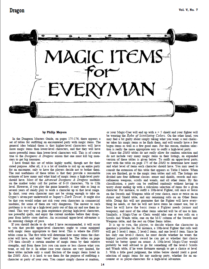 CalstaffTheGold's tweet photo. In Dragon #45 (Jan/81), Philip Meyers gives us some tables for quickly outfitting higher (14+) level characters with magic items.
#1e #ADnD #VariantRules
(1/2) https://t.co/R0eK6GY222