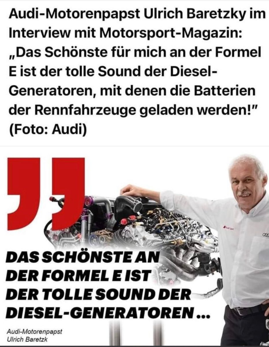 SaschaUlbrich's tweet photo. Der Sound der #DieselGeneratoren mit denen die Batterien 🔋 für die #Formel_E Rennwagen geladen werden…
Kannste Dir nicht ausdenken 🤦🏻 https://t.co/p8PXCR470Z