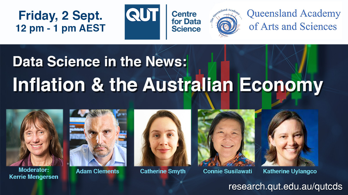 QUT Centre for Data Science (@qutdatascience) on Twitter photo Join us online Friday for our next #DataScience in the News webinar. We will explore the impact #inflation is having on all of us through the lens of data science with our panellists from <a href="/QUTBusiness/">QUT Business School</a> & <a href="/ABSStats/">Australian Bureau of Statistics</a>.
📆 Fri, 2 Sept
🕛 12pm - 1pm AEST
eventbrite.com/e/data-science…
<a href="/QUT/">QUT</a> Join us online Friday for our next #DataScience in the News webinar. We will explore the impact #inflation is having on all of us through the lens of data science with our panellists from <a href="/QUTBusiness/">QUT Business School</a> & <a href="/ABSStats/">Australian Bureau of Statistics</a>.
📆 Fri, 2 Sept
🕛 12pm - 1pm AEST
eventbrite.com/e/data-science…
<a href="/QUT/">QUT</a>
