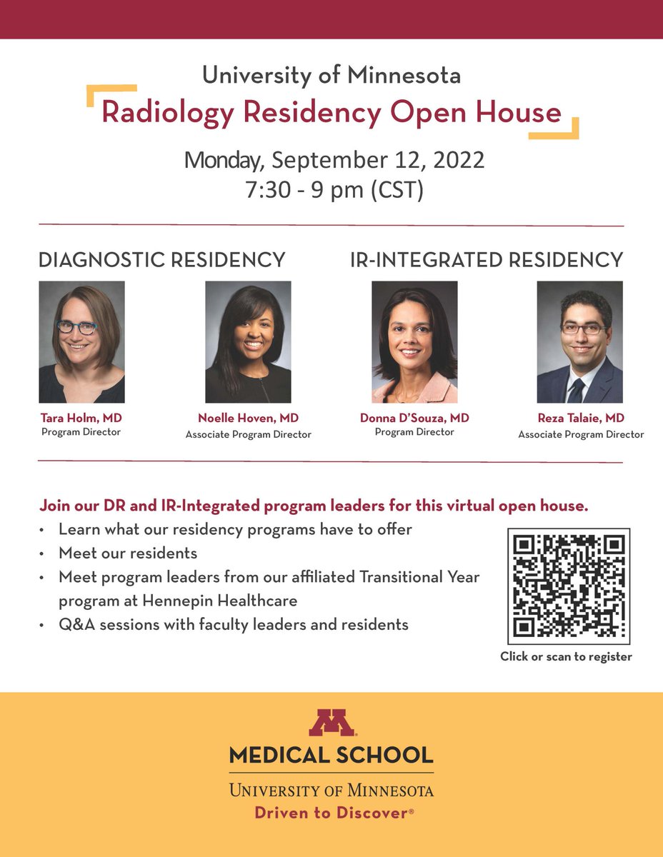 Donna D'Souza MD, FSIR (@donnadsouzamd) on Twitter photo Applying to IR or DR? Come join our virtual open house Monday Sept 12 at 7:30pm CST and learn more about our amazing programs at <a href="/UMNRadiology/">U of MN Radiology</a>!
#TwittIR #irad #Match2023 #futureradres #medstudenttwitter #medstudents #@students_ir <a href="/umnmedschool/">UMN Medical School</a> Applying to IR or DR? Come join our virtual open house Monday Sept 12 at 7:30pm CST and learn more about our amazing programs at <a href="/UMNRadiology/">U of MN Radiology</a>!
#TwittIR #irad #Match2023 #futureradres #medstudenttwitter #medstudents #@students_ir <a href="/umnmedschool/">UMN Medical School</a>