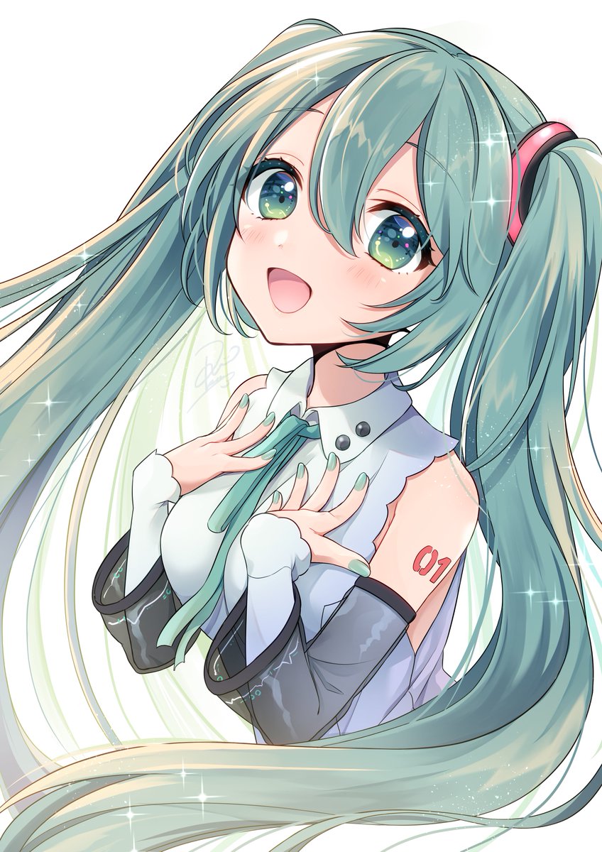 hatsune miku 1girl solo twintails neck ribbon long hair see-through sleeves shirt  illustration images