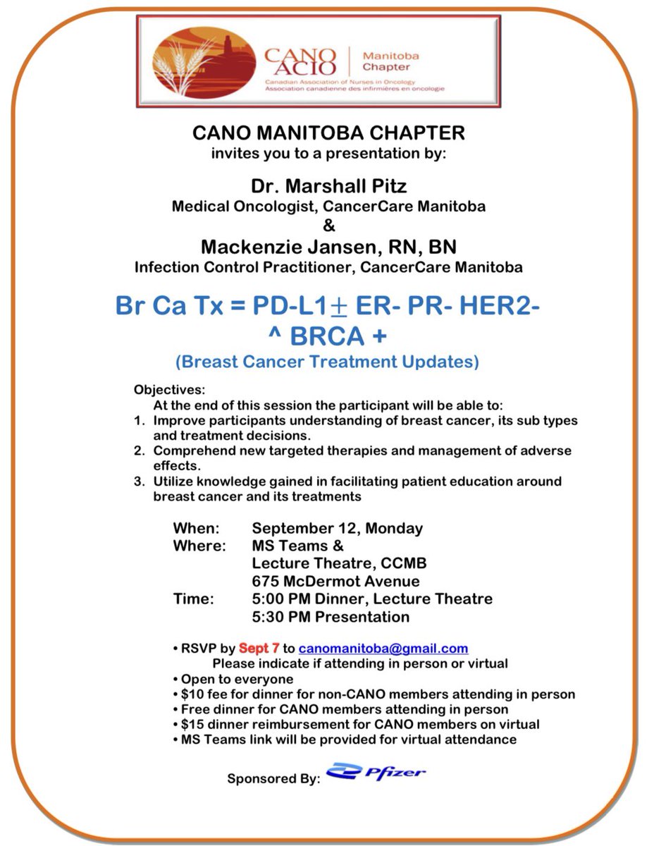 CANO_ACIO_MB's tweet photo. Join us in person or via MS Teams, on Sept. 12th, for a very special presentation:

“Breast Cancer Treatment Updates” with Dr. Marshall Pitz and Nurse Mackenzie Jansen

#Oncology #OncologyNursing #healthcare #nursing @CANO_ACIO @CancerCareMB @SharedHealthMB https://t.co/08FoFxBY8O