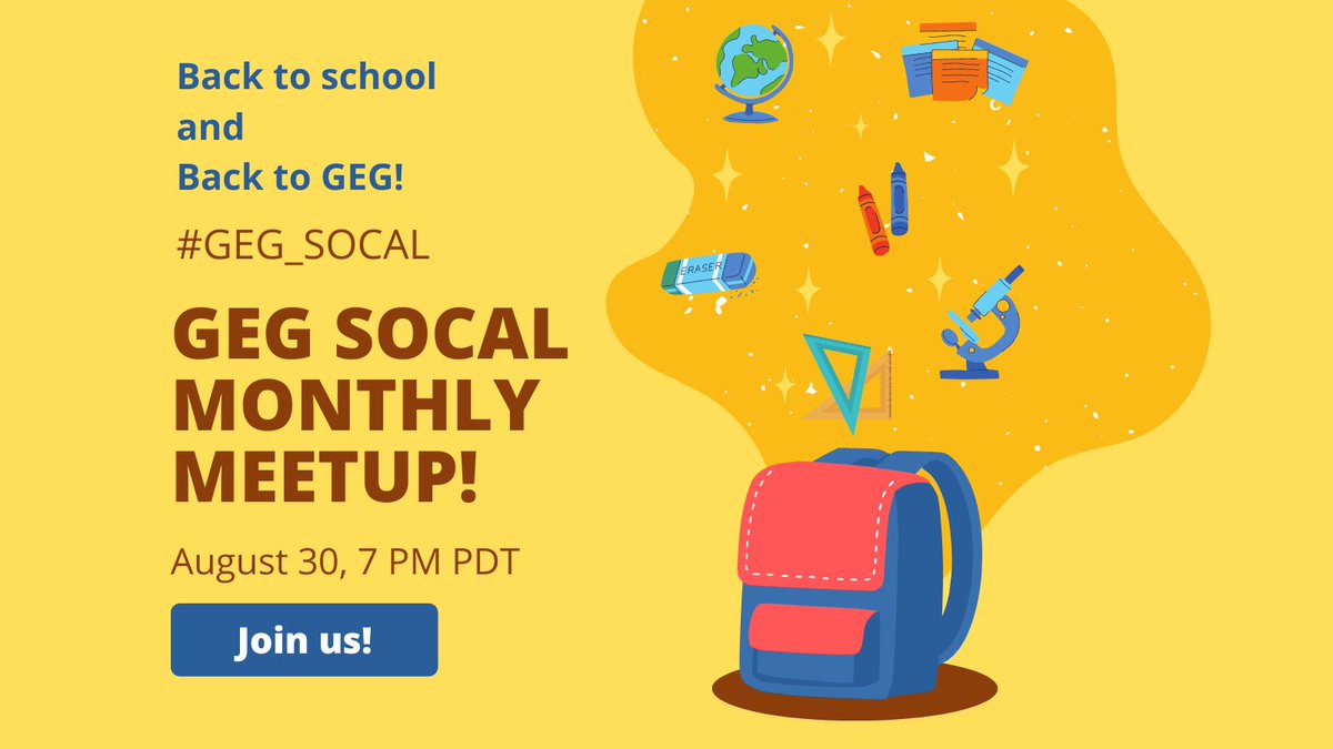 GEG_SoCal (@geg_socal) on Twitter photo Just 60 minutes until the #GEG_SoCal monthly meet for August! Join us at 7 PM to meet our int'l guest and have some back to school fun! Link at rebrand.ly/SoCalCalendar. <a href="/CoffeeNancy/">𝗡𝗮𝗻𝗰𝘆 𝗠𝗶𝗻𝗶𝗰𝗼𝘇𝘇𝗶 ☕️</a> <a href="/kklagola/">Karen Lagola</a> <a href="/GoogleForEdu/">Google for Education</a> <a href="/GlobalGEG/">Global GEG</a> #growwithgoogle Just 60 minutes until the #GEG_SoCal monthly meet for August! Join us at 7 PM to meet our int'l guest and have some back to school fun! Link at rebrand.ly/SoCalCalendar. <a href="/CoffeeNancy/">𝗡𝗮𝗻𝗰𝘆 𝗠𝗶𝗻𝗶𝗰𝗼𝘇𝘇𝗶 ☕️</a> <a href="/kklagola/">Karen Lagola</a> <a href="/GoogleForEdu/">Google for Education</a> <a href="/GlobalGEG/">Global GEG</a> #growwithgoogle