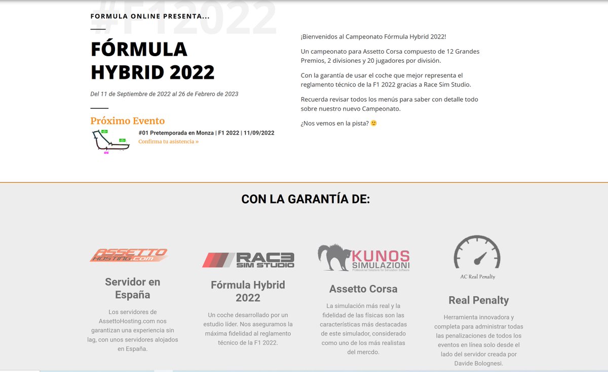 FormulaOnlineF1's tweet photo. ¡Seguimos teniendo plazas libres para el Campeonato de #AssettoCorsa con el #FormulaHybrid2022!

· Tenemos 2 divisiones
· Gratuito
· 12 Eventos
· Empezamos el 11/09 en Monza (pretemporada)
· Division 2 a las 20:15 los domingos

+info: https://t.co/tAtUDg13X4 https://t.co/SM5kkOsw7W
