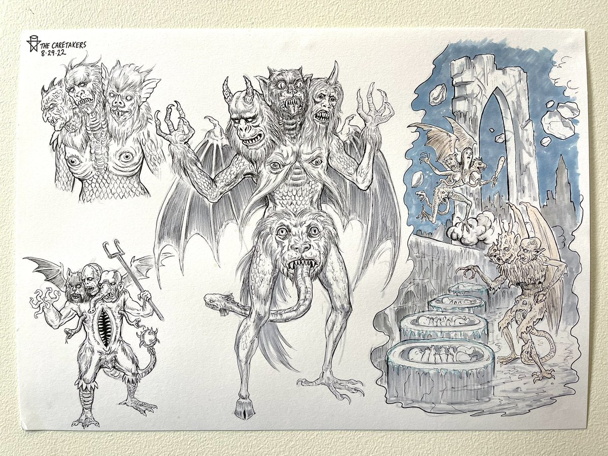 Ever wonder what the demonic caretakers look like?

These beings tortured the <a href="/toddlerpillars/">Toddlerpillars</a> in the Orphanage Dimension for eons before the 6 armed bebehs escaped through a portal into our world.

More character development sketches for our graphic novel by <a href="/UlrichArtist/">ArtistChristopherUlrich</a>. 👀