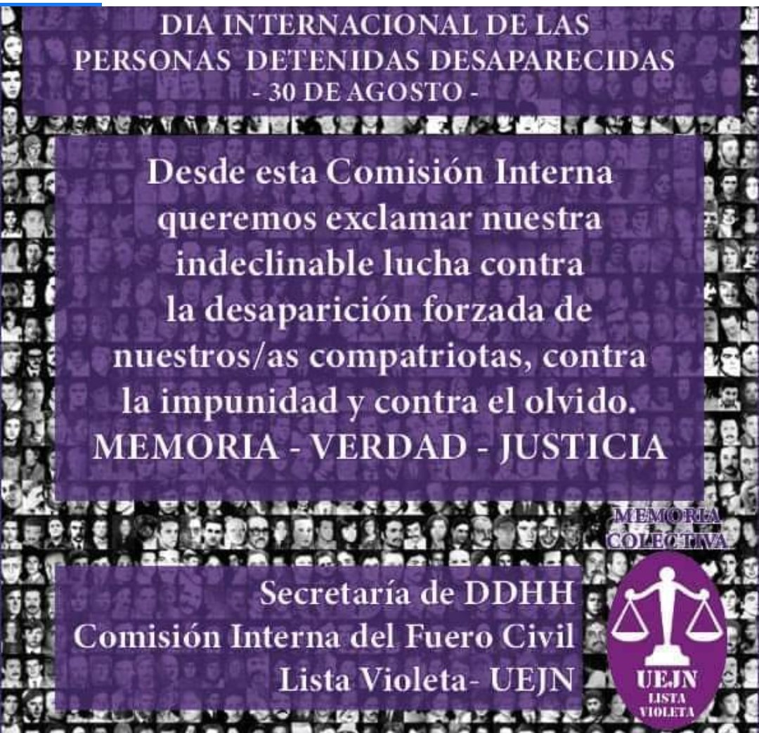 Secgenerocivil's tweet photo. 30 DE AGOSTO - DÍA INTERNACIONAL DE LAS PERSONAS DETENIDAS Y DESAPARECIDAS #ComisiónInterna
#FueroCivil #ListaVioleta
https://t.co/pdTif1akOp https://t.co/cVk2gT4Yk3