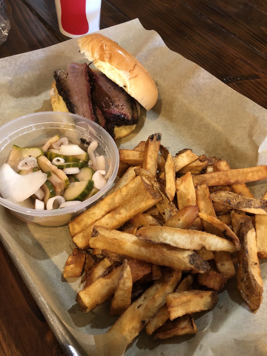 Curly Que Barbecue tonight in downtown Boliver.                     Brisket, Onion/Cucumber Salad and Hand Cut Fries.   All very good. I will be stopping here again