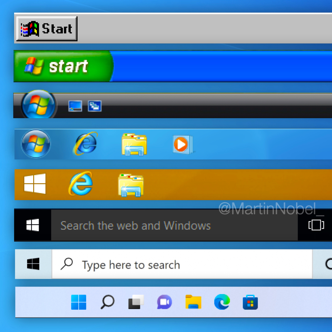 itsnobeltech's tweet photo. Microsoft Windows Taskbar from 1995 - 2022! https://t.co/RIqAo4UnbA