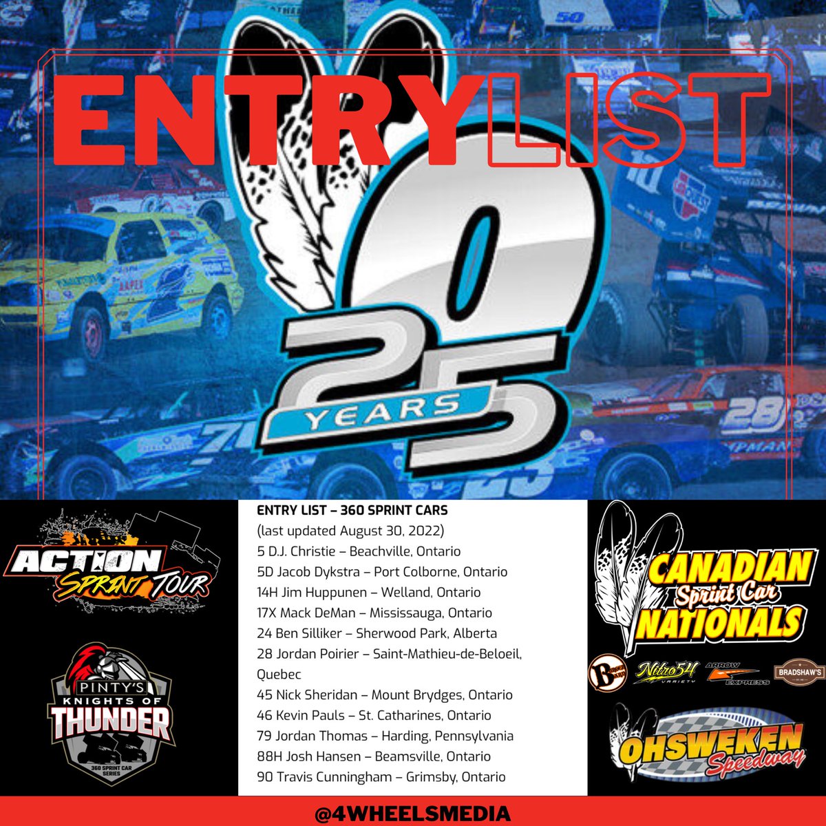 4WheelsMediapod's tweet photo. The Inaugural Canadian Crate Sprint Car Nationals - Friday, September 16th
The 18th Annual Canadian Sprint Car Nationals - Saturday, September 17th
👇 Here are the entry lists 👇
#4WheelsMedia #OhswekenSpeedway #CanadianSprintCarNationals #KnightsofThunder #ActionSprintTour https://t.co/kmk5ExnUSw