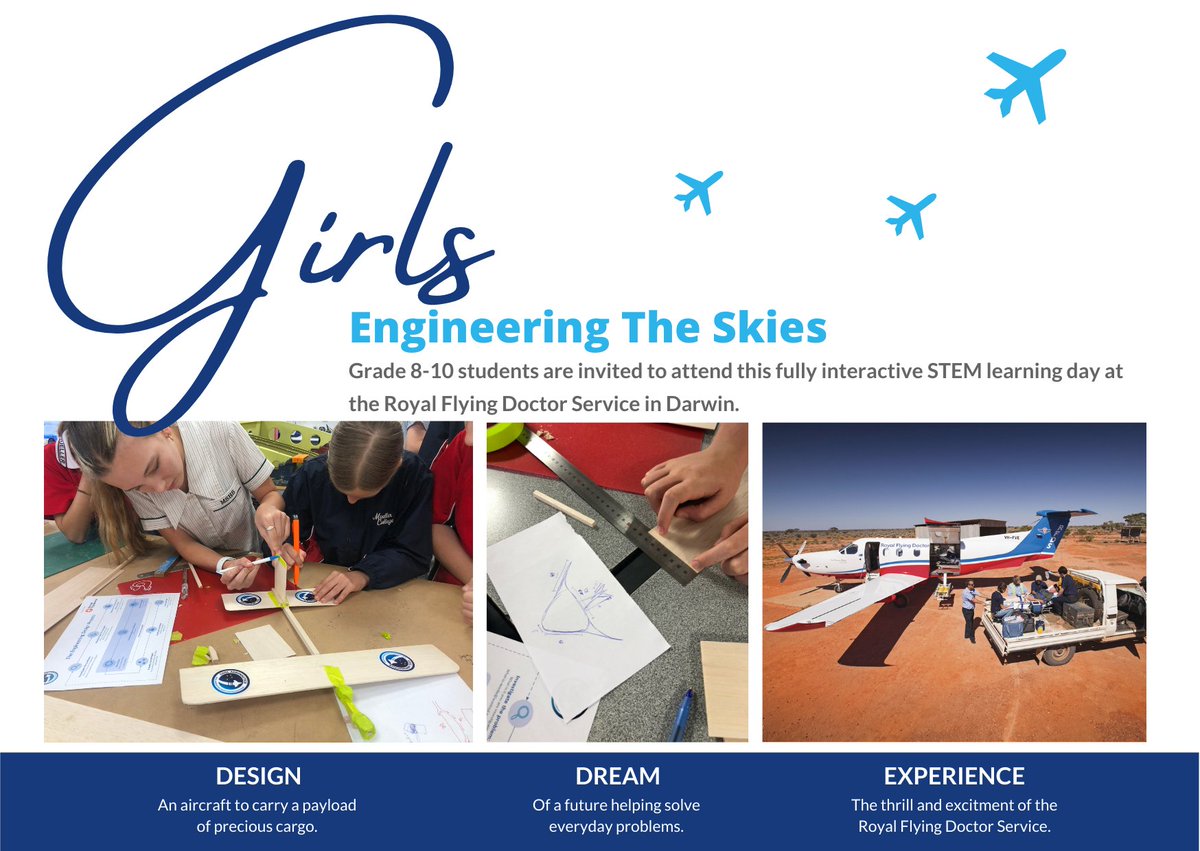 Excited to be heading up to #DARWIN for the first <a href="/CoolAeroAU/">Cool Aeronautics</a> GIRLS ENGINEERING THE SKIES in collaboration with <a href="/RoyalFlyingDoc/">Royal Flying Doctor Service</a> NT/SA.

Limited places! #Teachers register at: raes.org.au/events/upcomin…

#stemeducation #stemeducationforkids #stemteachers  #aviation