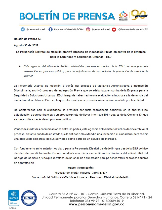 personeriamed's tweet photo. La Personería Distrital de Medellín archivó proceso de Indagación Previa en contra de la Empresa para la Seguridad y Soluciones Urbanas - ESU.

#SomosPersonería #PorTusDerechosMásCerca 
#PersoneríaEnLínea https://t.co/5sk6CqCwZm