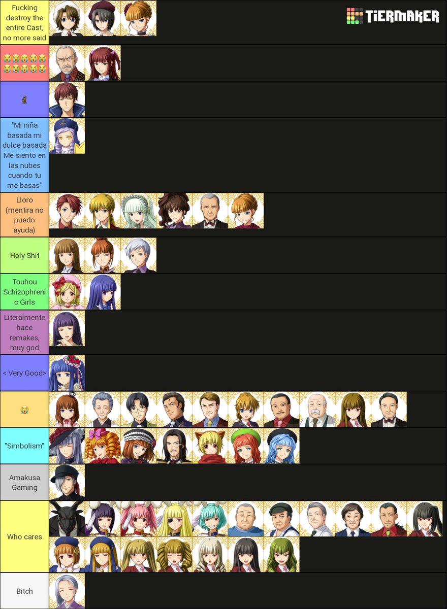 HermannBelaf's tweet photo. Tuve que hacer magia prácticamente para poder terminar Umineko estando en el campo en medio de la nada, el Dex me obligó a publicar mi TierList para ver que me funara el usuario con icon de tatami galaxy xd (estoy de paso en la ciudad por lo del plebiscito el 4 de septiembre) https://t.co/wlgoYCrbpp