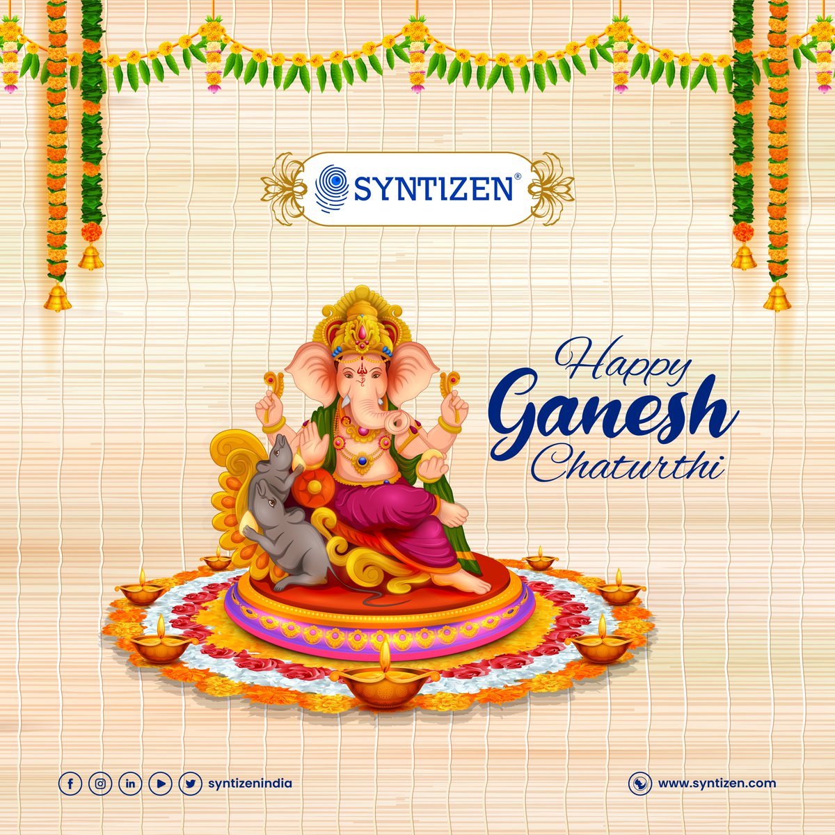 syntizenindia's tweet photo. Wishing a beautiful, colourful and cheerful Ganesh Chaturthi to everyone. May this festive occasion brings along many more smiles and many more celebrations for you and your family #GaneshChaturthi #GanpatiBappaMorya #VinayakaChavithi #Syntizen #SyntizenIndia #SyntizenTeam https://t.co/3iDyt7qo3k