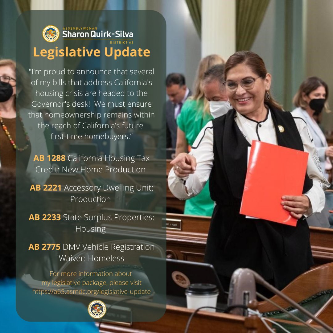 QuirkSilvaCA's tweet photo. Great news!  All four of my housing bills are headed to Governor Gavin Newsom's desk!  As a state, if we are serious about addressing the housing crisis, we must be creative and nimble in our approach. Read more about my bills at https://t.co/mPA6QVlqKi https://t.co/2N8n9GiwE3