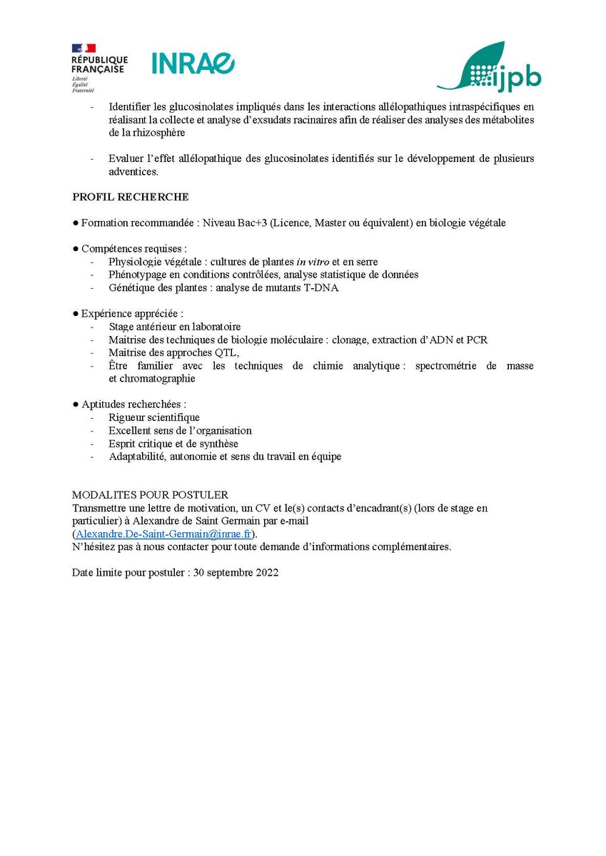 Voici une offre de CDD d’Assistant.e ingénieur.e en physiologie végétale dans notre équipe <a href="/SAS_teambyAlex/">SAS-team (curated by Alexandre de SAINT GERMAIN)</a> pour une période de 12 mois. N’hésitez pas à nous contacter.