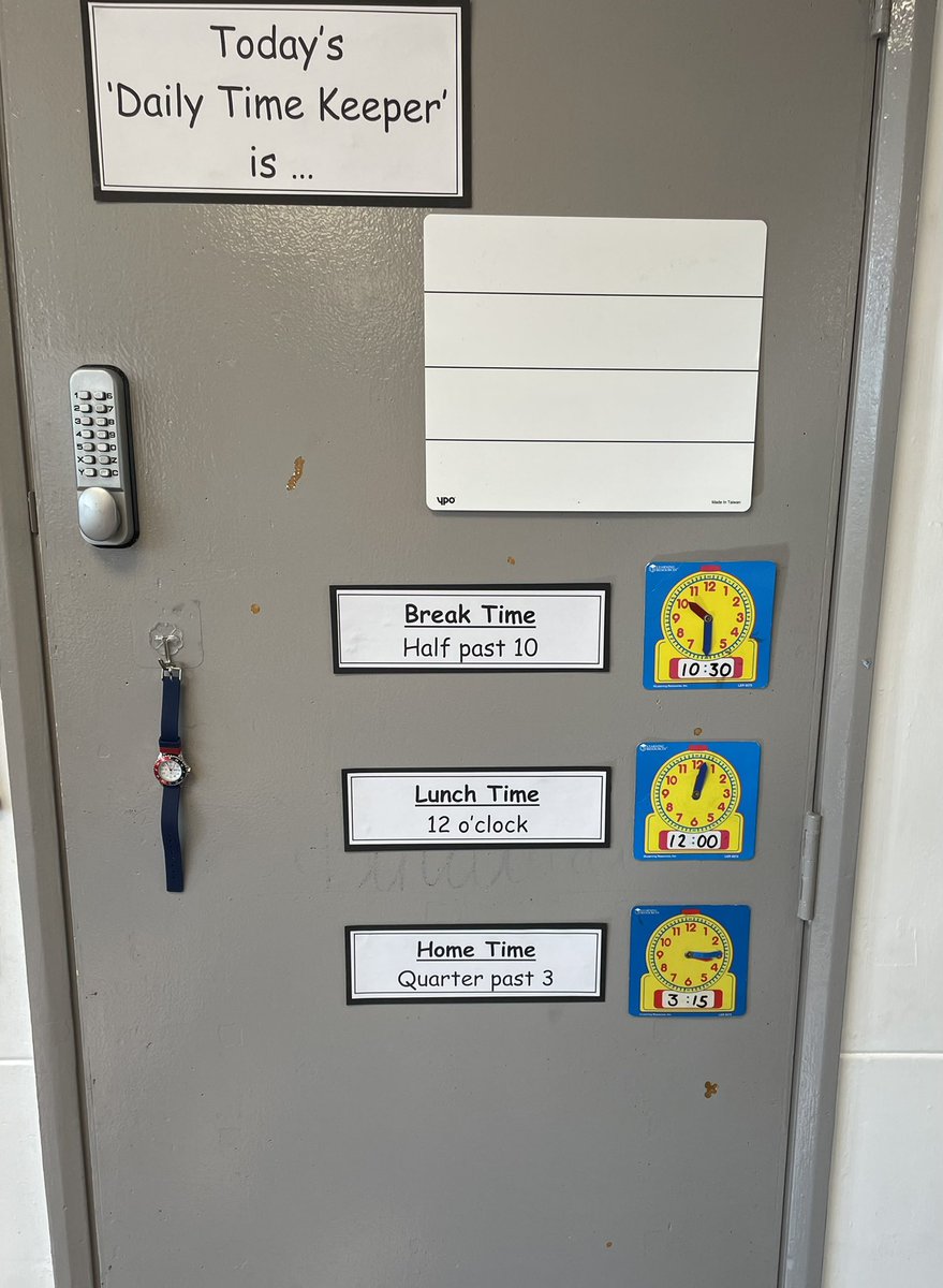 A move to Year 2 for me and an enhancement to support the children when learning to tell the time (saw the idea on twitter). Children will take turns to wear the watch. Other times will be added as we move through the year #year2 #edutwitter #tellingthetime #year2maths