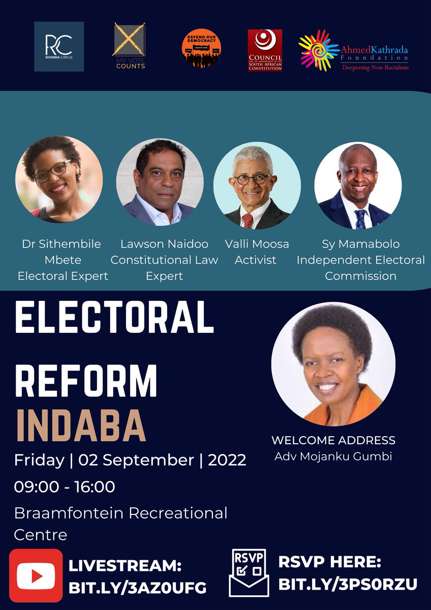 [INVITE]
HAPPENING THIS FRIDAY, 2 SEPTEMBER.

Electoral Reform Indaba at the Braamfontein Recreation Centre in collaboration with <a href="/rivonia_circle/">Rivonia Circle</a>, <a href="/KathradaFound/">Kathrada Foundation</a>, <a href="/CASACZA/">CASAC</a>, <a href="/MVC_SA/">My Vote Counts 🇵🇸</a> 

RSVP your attendance here: bit.ly/3PS0RzU
Livestream here: bit.ly/3AZ0UFG