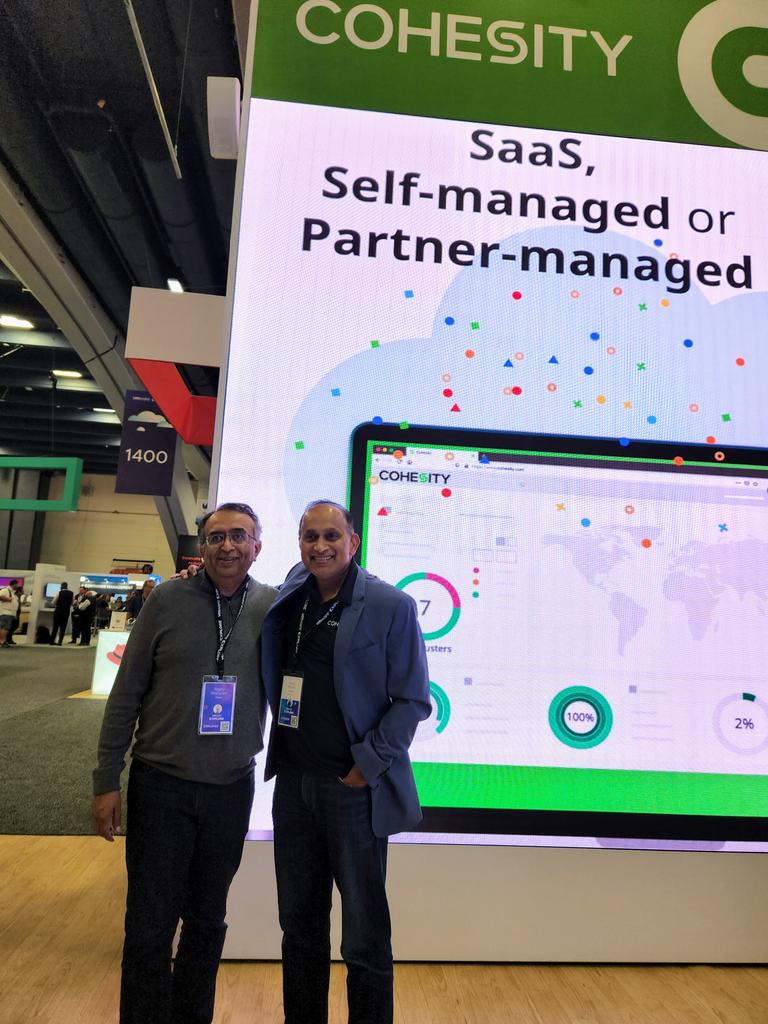 spoonen's tweet photo. Great to be at #VMworldExplore with the wonderful @Cohesity team. And reunite with old friends from @VMware, including my good friend @RaghuRaghuram and VMware TAMs - showing them the best data mgmt &amp; data security platform in the industry = #Cohesity! https://t.co/oGiHNxBo2R