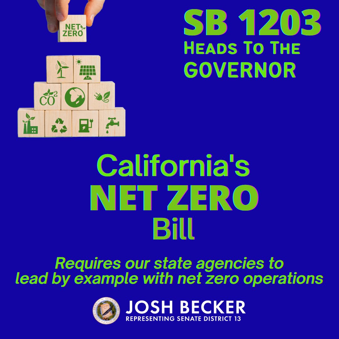SenJoshBecker's tweet photo. Tonight the Senate passed #SB1203 to have all CA agencies achieve net-zero greenhouse gas emissions by 2035. This is my third climate bill sent to @CAGovernor.
TY bill partners & #CALeg colleagues for your support on #SB1203 #SB887 #SB1112
https://t.co/FVWFnn26RM https://t.co/CEuxyCchiK