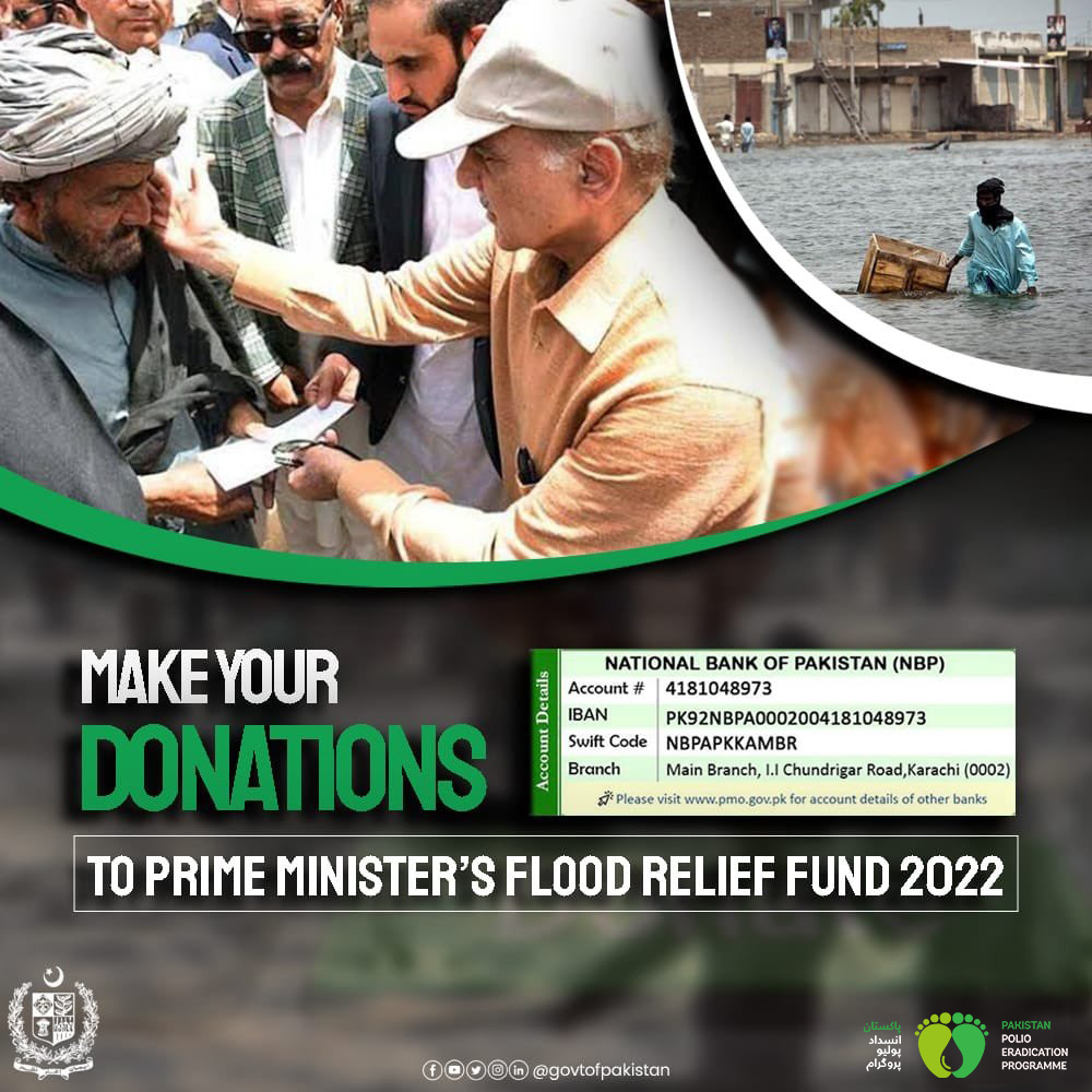 Widespread flooding has impacted millions of people and caused extensive loss of lives, livelihoods and infrastructure.

📢 Kindly come forward &amp; extend your support to the displaced families during these testing times.

mofa.gov.pk/the-prime-mini…
#FloodReliefFund2022