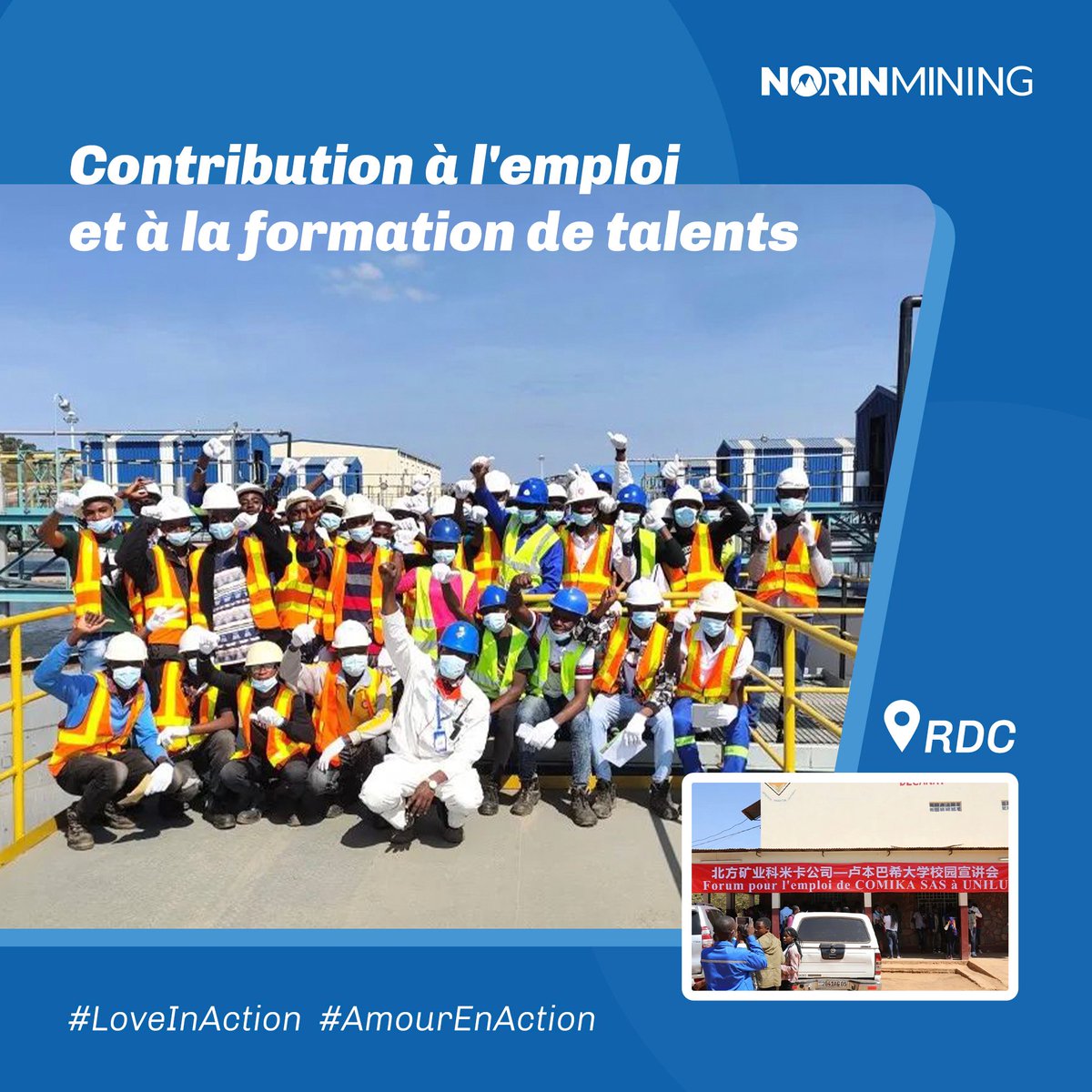 NorinMiningLtd's tweet photo. #NorthMining est la 1ère société minière chinoise à coopérer avec des universités de la #RDC pour l'#emploi des étudiants. 👏Actuellement, près de 130 étudiants diplômés de l'#UNILU travaillent chez #COMIKA et certains d'entre eux sont déjà devenus techniciens et gestionnaires. https://t.co/BdXEX5P3xe