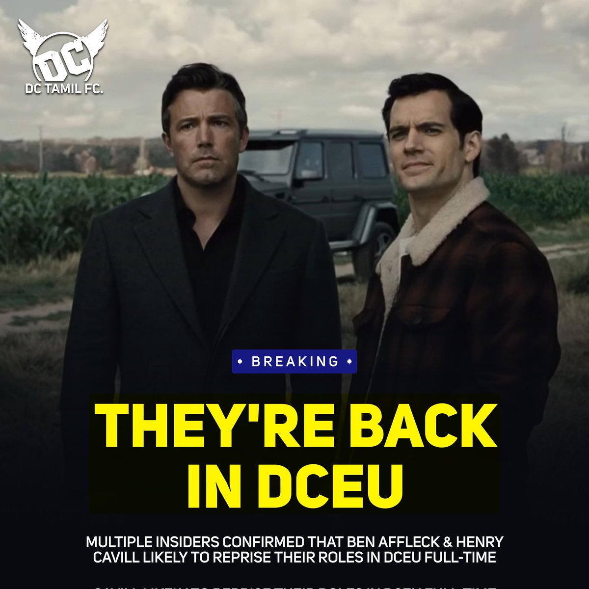 DCtamilFC's tweet photo. 🚨 BREAKING: Multiple sources claiming that Ben Affleck's #Batman &amp; Henry Cavill's #Superman will be the part of DC's 10-Year plan along with other existing League Members.

(1/2) https://t.co/r8x1bObgKD
